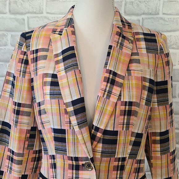 Tommy Hilfiger Patchwork Plaid Blazer Jacket Elbow Patches 8 Preppy Acadamia - Picture 2 of 9